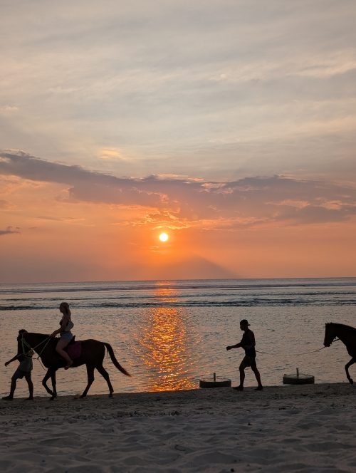 浅瀬を乗馬して散歩する姿を眺めながらのサンセット