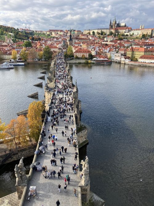 旧市街橋塔へ登って、よく写真で目にするカレル橋とプラハ城の展望台からの景色