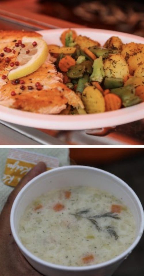 夕食は屋台でサーモンスープと魚のミックスプレートをいただきました