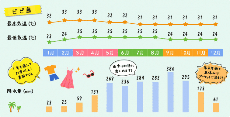 ピピ島の天気や気温のグラフ