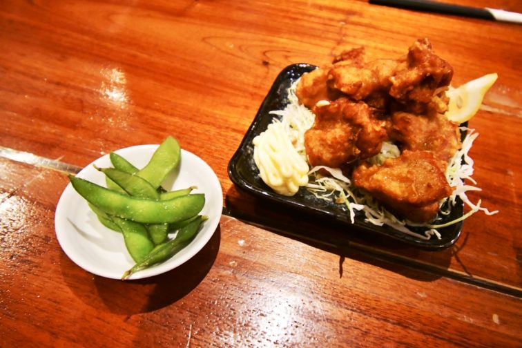 Japanese food karaage and edamame at Osaka Castle