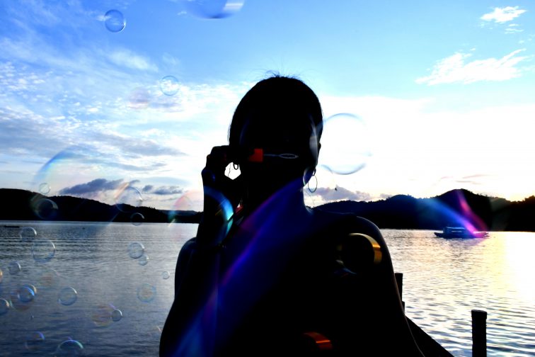 shooting with bubbles sunset behind