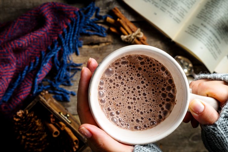 Winter hot chocolate on rustic background, copy space