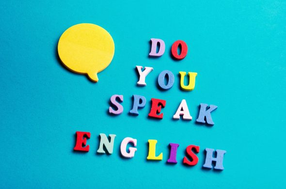 Learn English concept. Time to Learning languages. Word composed from colorful abc alphabet block wooden letters, copy space for ad text