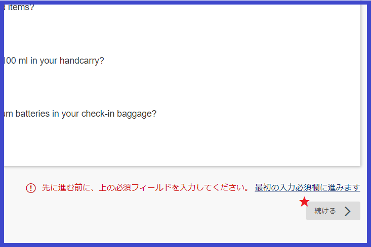 フィリピン航空公式ホームページ:セキュリティの問題 入力完了!