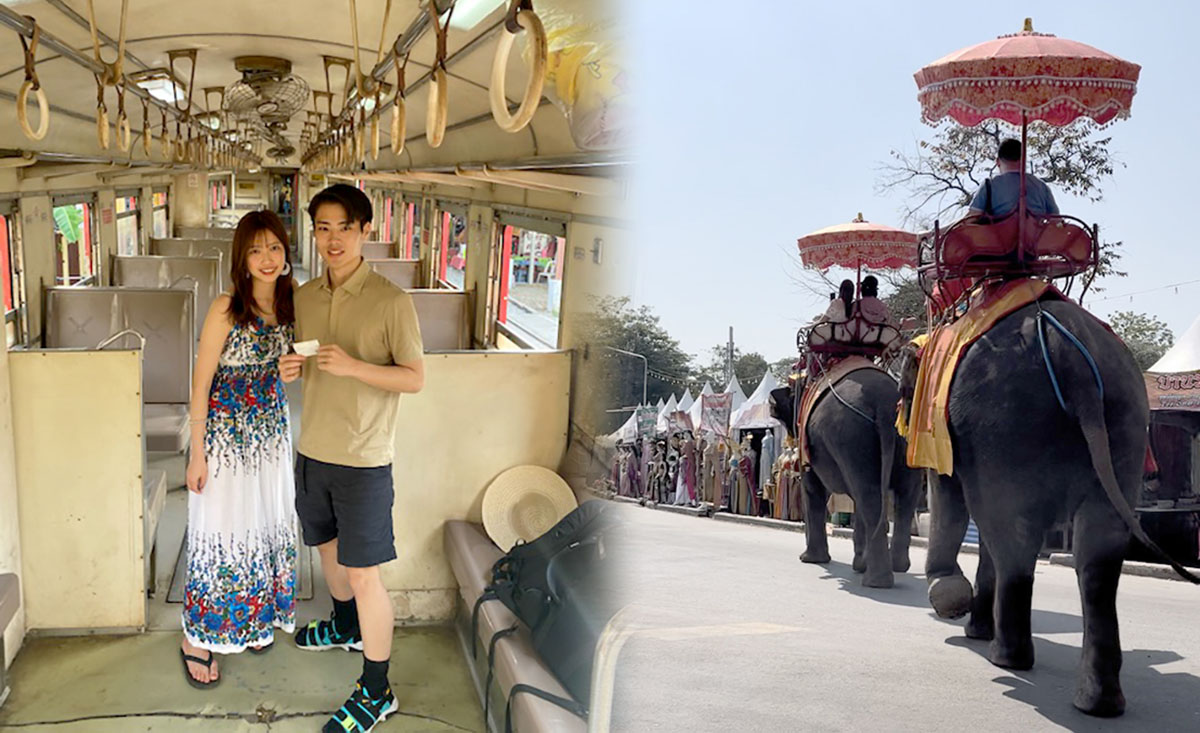 タイの電車の中で（左）象乗り体験（右）