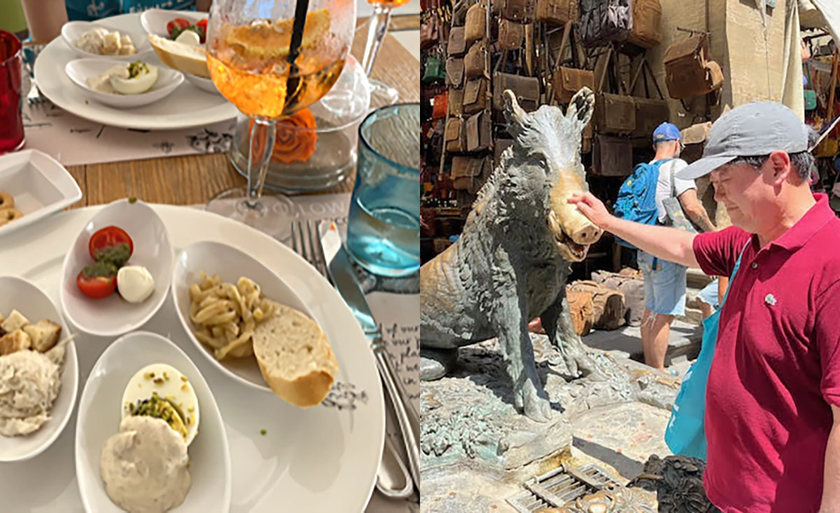 ベネチアのおつまみチケッティ（左） フィレンツェのイノシシの像（右）