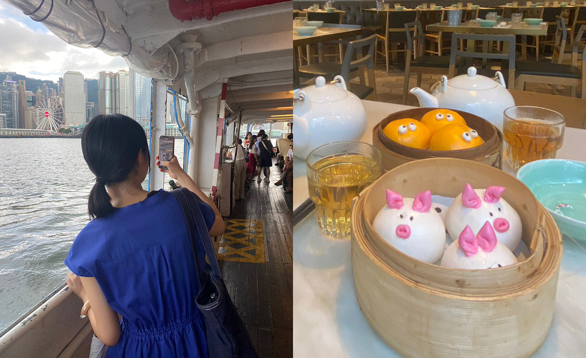 香港島へのフェリー（左）可愛くて美味しい飲茶（右）