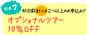 特典7 40日前または2つ以上のお申込みでオプショナルツアー10%OFF
