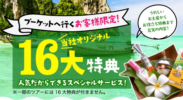 うれしいお土産からお役立ち特典まで充実の内容!※一部のツアーには16大特典が付きません。