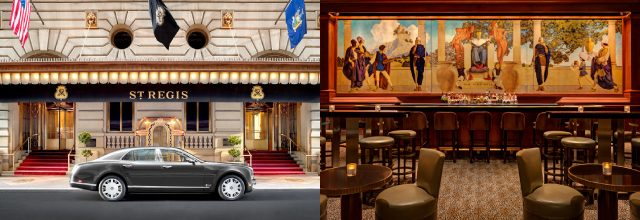 左/ゴージャスで貫禄溢れるエントランス　右/壁画が特徴的な、ニューヨークで超有名なキング コール バー (King Cole Bar)