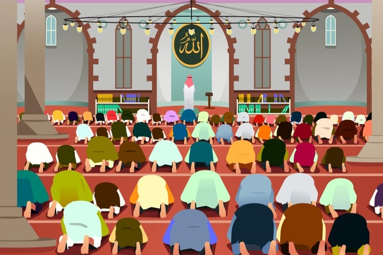 モスクでお祈りをする人々のイラスト