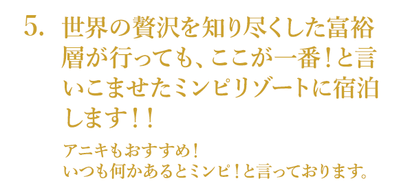 世界の贅沢を知り尽くした富裕層が行っても、ここが一番！と言いこませたミンピリゾートに宿泊します！！アニキもおすすめ！いつも何かあるとミンピ！と言っております。
