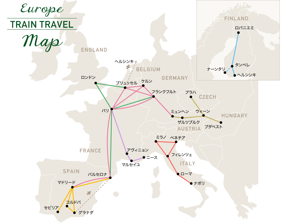 EUROPE　TRAIN TRAVEL Map