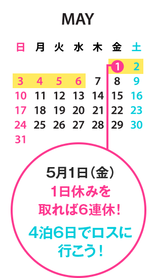 5月1日（金） 1日休みを 取れば6連休！ 4泊6日でロスに 行こう！