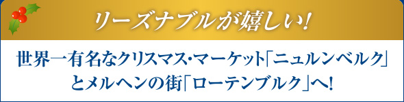 リーズナブルが嬉しい！
世界一有名なクリスマス・マーケット「ニュルンベルク」とメルヘンの街「ローテンブルク」へ！
