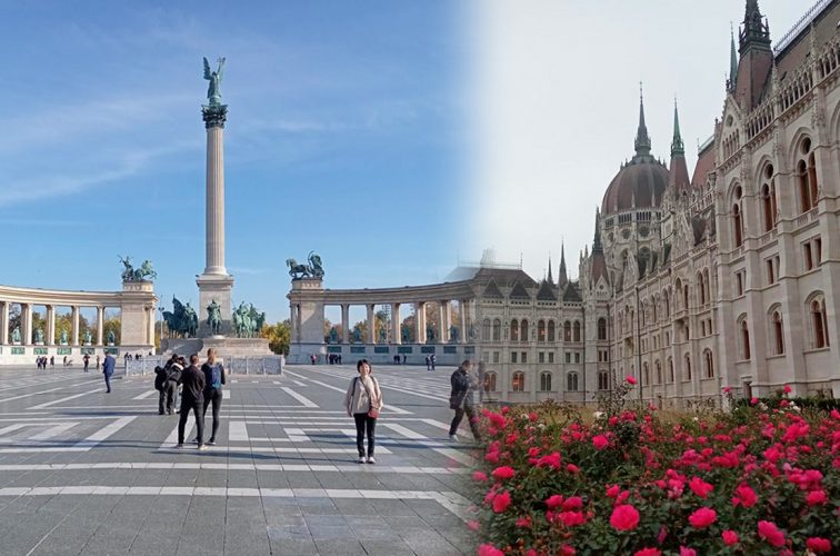 左：ブダペストの英雄広場にて　右：国会議事堂