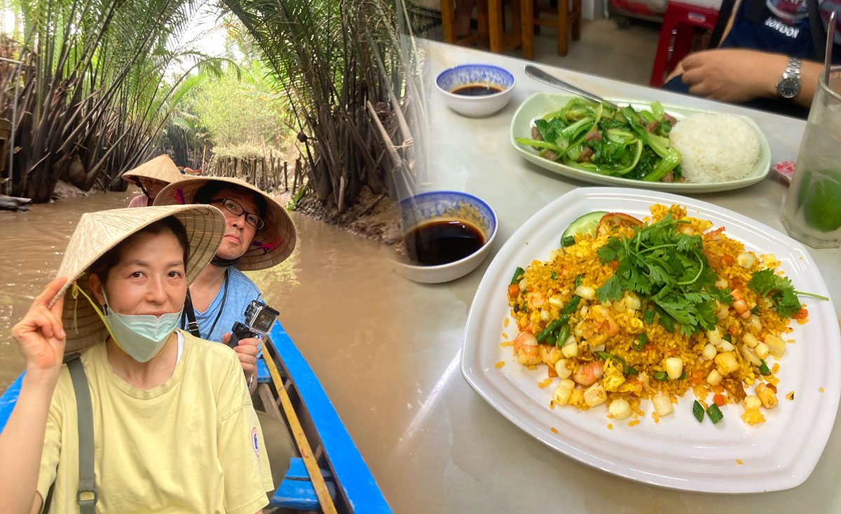 メコン川クルーズ（左）美味しい食堂の料理（右）