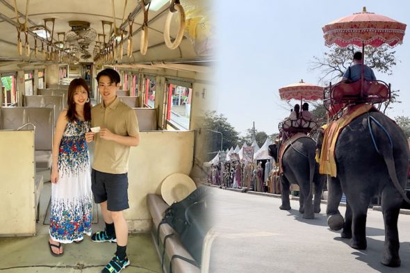 タイの電車の中で（左）象乗り体験（右）