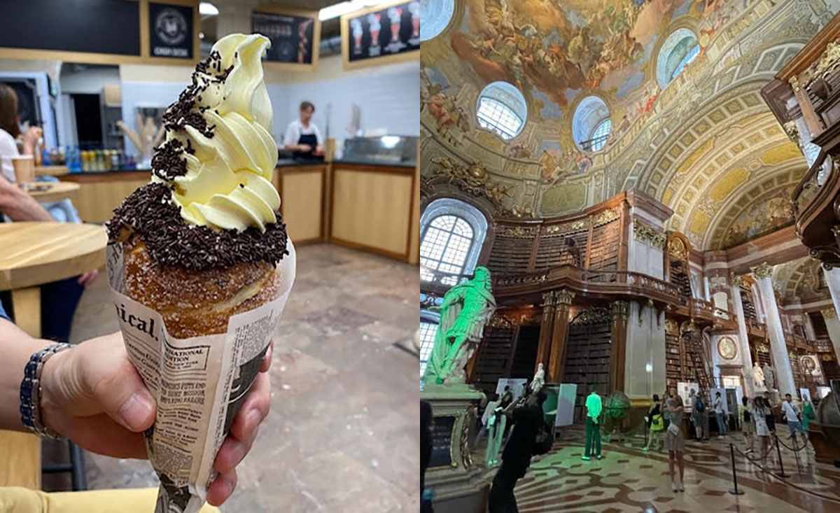 プラハ名物トルデルニーク（左）ウィーンの国立図書館プルンクザール（右）