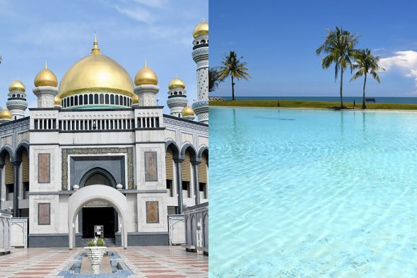 ニューモスク（左）7つ星ジ・エンパイア・ブルネイのプール（右）