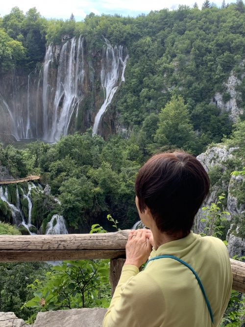 プリトビツェ下湖のヴェリキ滝を眺める私
