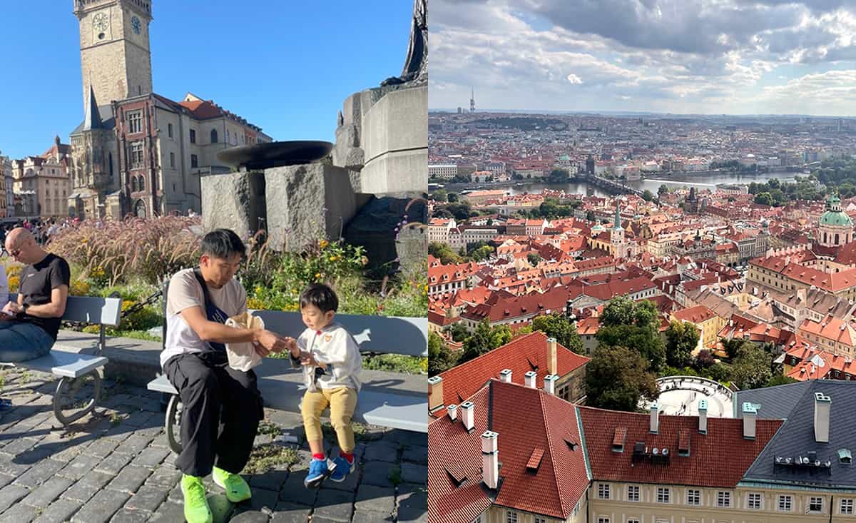 プラハの天文時計を背景に(左)天文時計の上からの眺め(右)