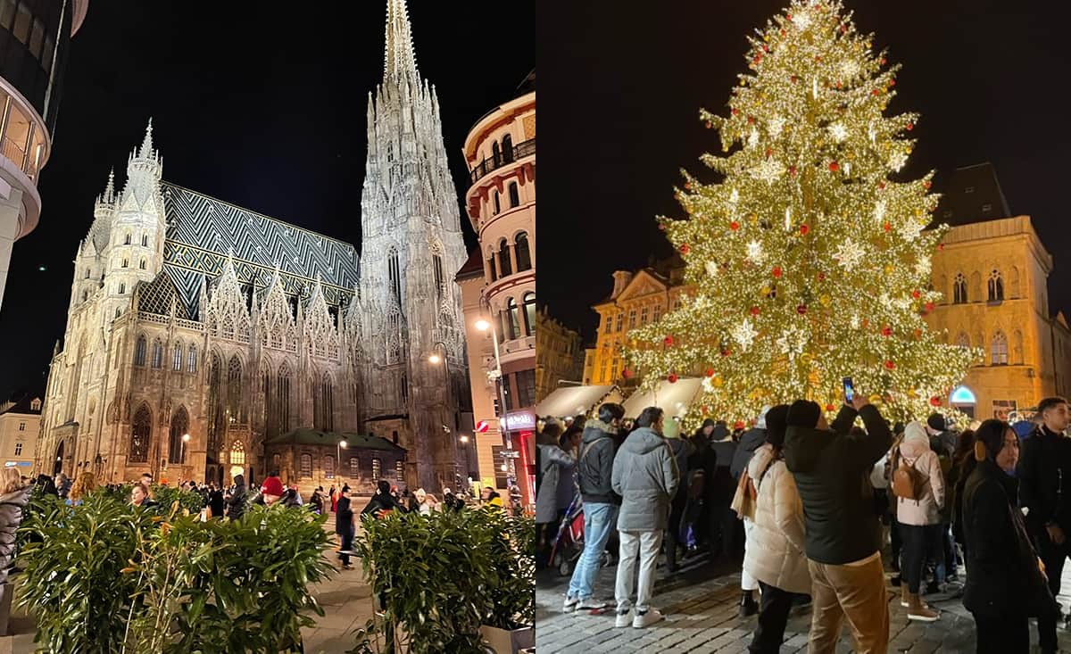 ウィーンのシュテファン大聖堂（左）プラハのクリスマスマーケット（右）